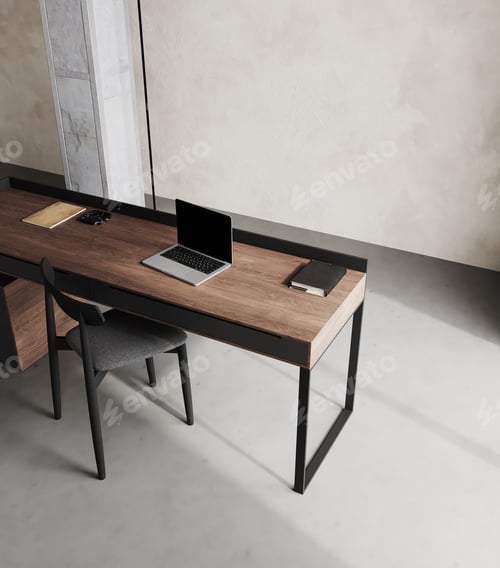 Preview: Workplace with black and wooden Furniture, Minimalist Office Interior with laptop