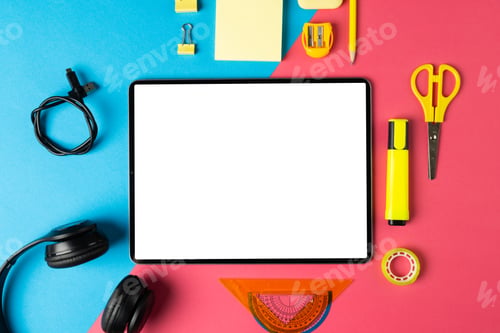 Preview: Composition of tablet with copy space and school equipment on blue and pink surface