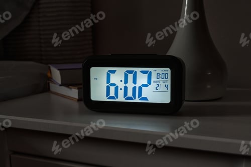 Preview: A digital alarm clock shows 602 PM in a cozy bedroom, creating an inviting atmosphere