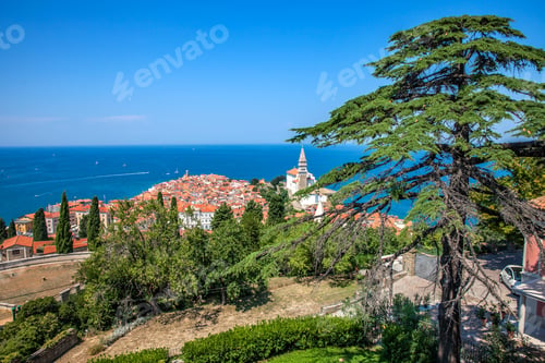Preview: High angle view of the town Piran, Slovenia on the body of the Mediterranean