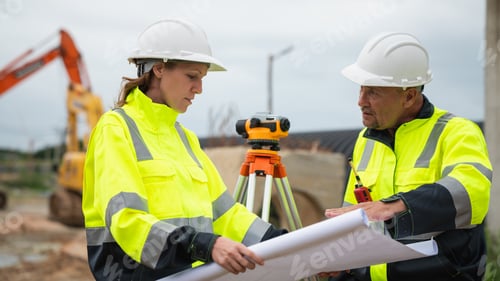 Preview: The survey team is using a theodolite and road construction plans.