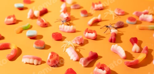 Preview: Marmalade in the form of fangs and bones with spiders for halloween on an orange background