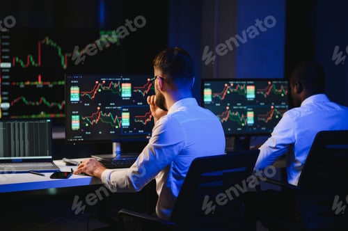 Preview: Financial Analyst Talking to Investment Banker in the Evening at Work.