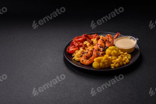 Preview: Boiled tiger shrimps with porridge, tomatoes and corn