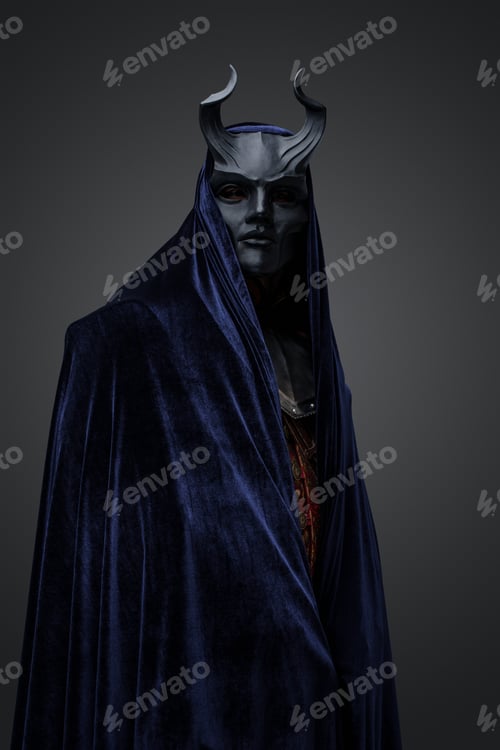 Preview: Dark magician of mystic cult against gray background
