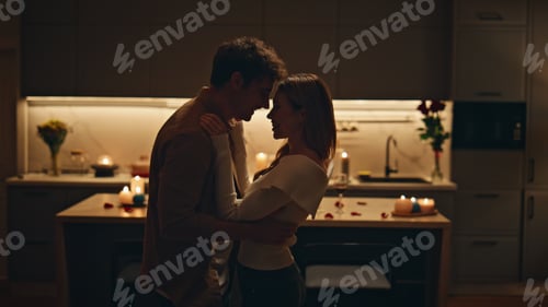 Preview: Happy spouses dancing sensually at dark kitchen close up. Couple evening date