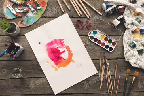 Preview: Top view of artist sketch drawn with watercolor paints on a table