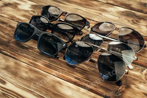 Preview: Set of dark sunglasses on brown wooden surface