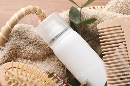 Preview: Dry shampoo spray, towel and hairbrushes with eucalyptus branch in basket on table, closeup