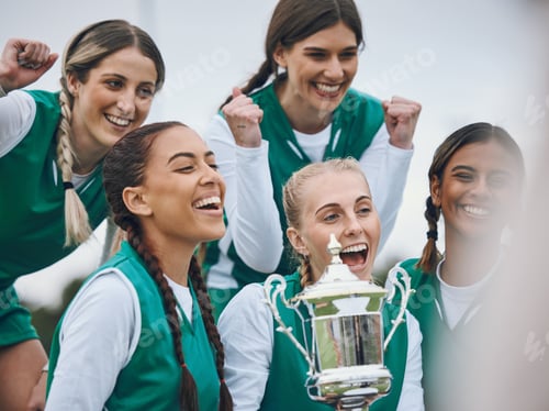 Preview: Sports women, team and trophy in celebration, winning and fist in air for competition on field. Cha