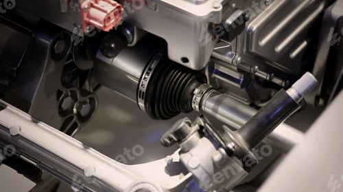 Preview: Car suspensions. Close up of a car suspension parts system such as CV joint Rubber boot and Control arms bushing Steering rack axles Shock absorber suspension Brake. Repair and spare parts for cars.