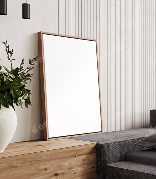 Preview: Mock up frame in light home interior background, bright room with minimal decor, 3d render