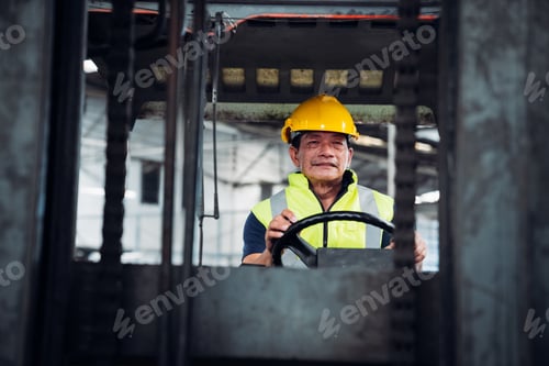 Preview: Portrait of industrial worker driving a forklift in the factory. Engineer is working and maintain.