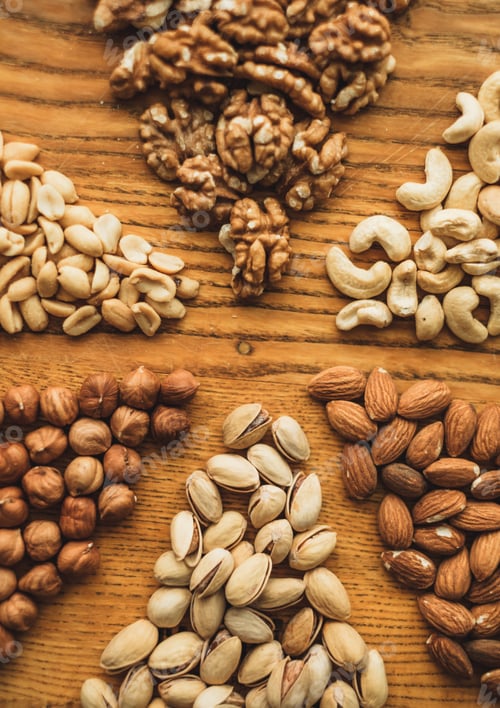 Preview: Different types of nuts, nut mix of almonds, hazelnuts, cashews, peanuts on a wooden board. Close up