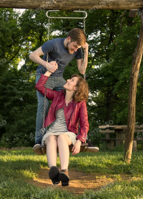Preview: Girl Boy Couple Holding Hands Swing, Nature.