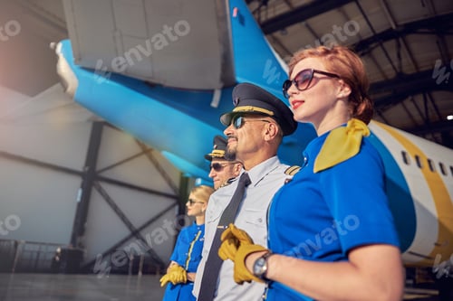 Preview: Happy friendly solid team looking to the distance isolated on the big passenger aircraft