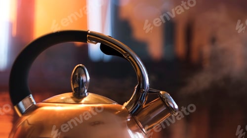 Preview: A metal silver teapot on a gas stove in the kitchen at home. Concept. Close up of steel kettle with