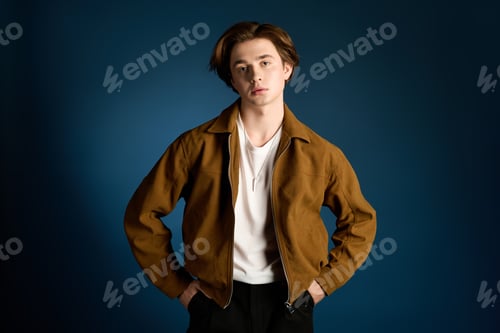 Preview: A young fashionable man poses elegantly, displaying a relaxed and trendy outfit in a studio setting