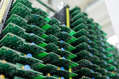 Preview: Stacks of assembled circuit boards in rack at modern electronics factory