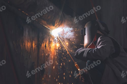 Preview: welder using arc welding machine to welding metal wall of the old vessel at shipyard in dark tone