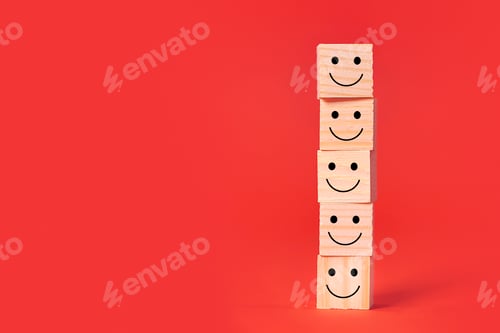 Preview: rating with happy icon on wood bricks, Customer satisfaction survey concept, copy space.