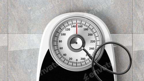 Preview: Bathroom scale with stethoscope, closeup on bathroom floor