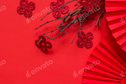 Preview: Chinese New Year .Decor pattern fan on red background. Red paper fans .Lunar New Year banner templa