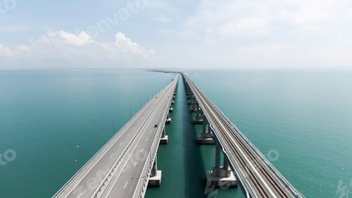 Preview: Aerial view along the long beautiful bridge above turquoise sea. Action. Flying above bending bridge