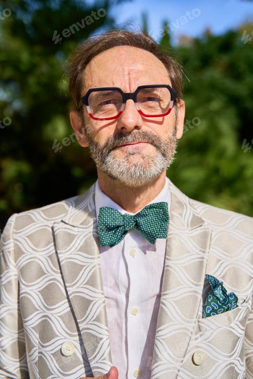 Preview: Portrait of a mature man wearing glasses, bow tie, and patterned suit outdoors