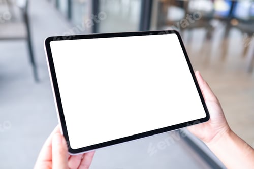 Preview: Mockup image of a woman holding digital tablet with blank white desktop screen