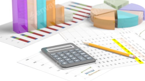 Preview: Colorful business pie and bar chart on documents, isolated on white
