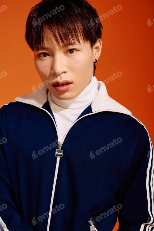 Preview: Stylish asian man showcases modern fashion against a vibrant orange background