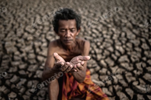 Preview: An elderly man was sitting asking for rain in the dry season, global warming, selective focus
