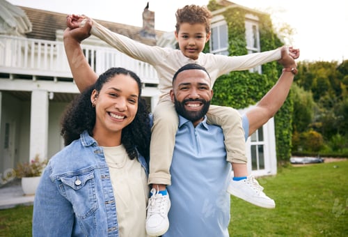 Preview: Parents, kids and family at outdoor house in real estate, property investment and holiday or vacati
