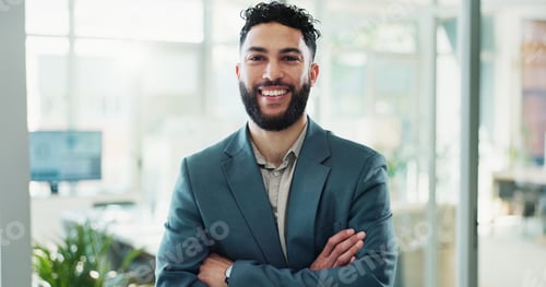 Preview: Arms crossed, portrait and smile of business man in office for corporate career development. Confid