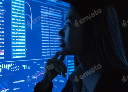 Preview: The businesswoman look on the blue monitor.