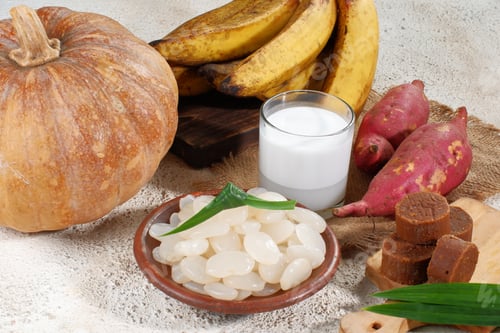 Preview: Ingredient Preparation making Banana and Sweet Potato Compote (Kolak Pisang Ubi). Ripe Banana, Sweet