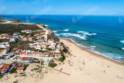 Preview: Algarve Coast in Portugal. Aerial drone view over sandy beach and Atlantic Ocean