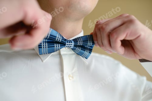 Preview: Man Adjusting His Plaid Blue Bowtie, Getting Ready