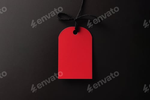 Preview: Red empty price tag on black or dark background. Black Friday concept, template copyspace