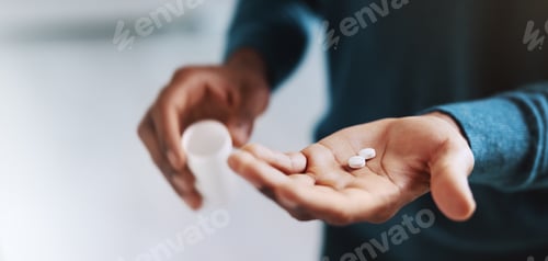 Preview: Hands, medication and pills in palm with allergy or medical condition as health, remedy and cure. M