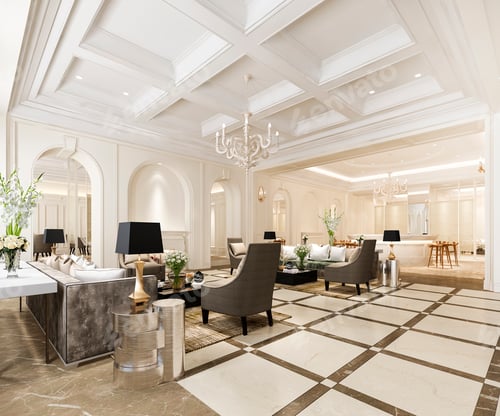 Preview: 3d rendering classic luxury hotel reception hall and office with decor shelf