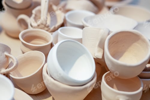 Preview: Lots of pottery pots in workshop. DIY and hobby concept.