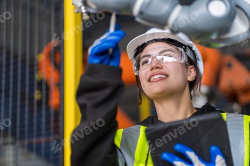 Preview: A team of female engineers meeting to inspect computer-controlled steel welding robots.