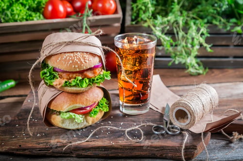 Preview: Takeaway delicious burger with cold drink on old wooden table