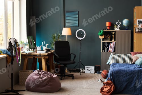 Preview: Modern Teenager Bedroom Featuring Streaming Setup and Creative Workspace