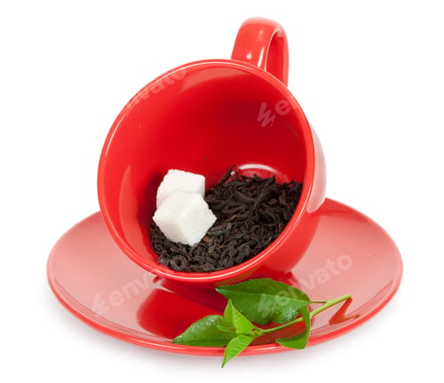 Preview: Red Cup with Tea, Sugar, and Green Leaves