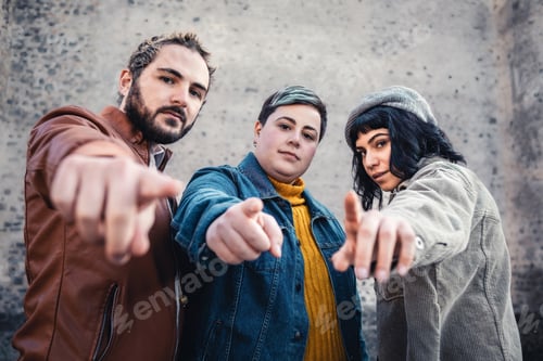 Preview: Group of friends pointing of you.