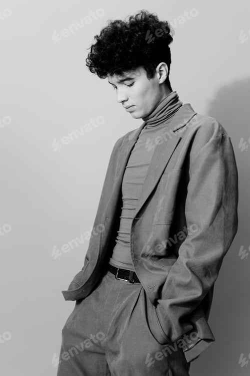 Preview: Man studio clothing and style handsome suit elegance pose fashion trendy black white