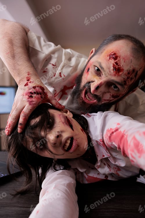 Preview: Portrait of violent aggressive zombies at desk